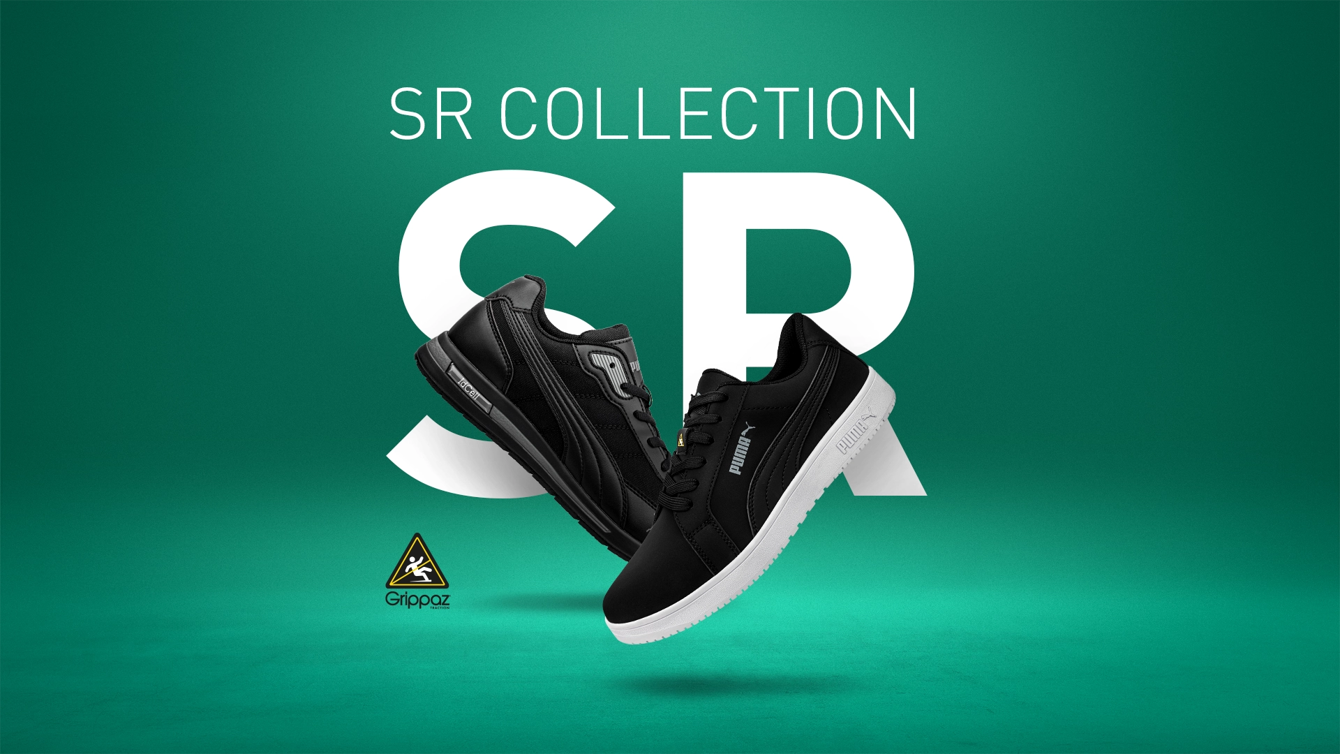 PUMA SAFETY EPIC ST LOW O2 und PUMA SAFETY STELLAR ST LOW O2 Berufsschuhe aus der SR Collection in Schwarz mit weißer Sohle.