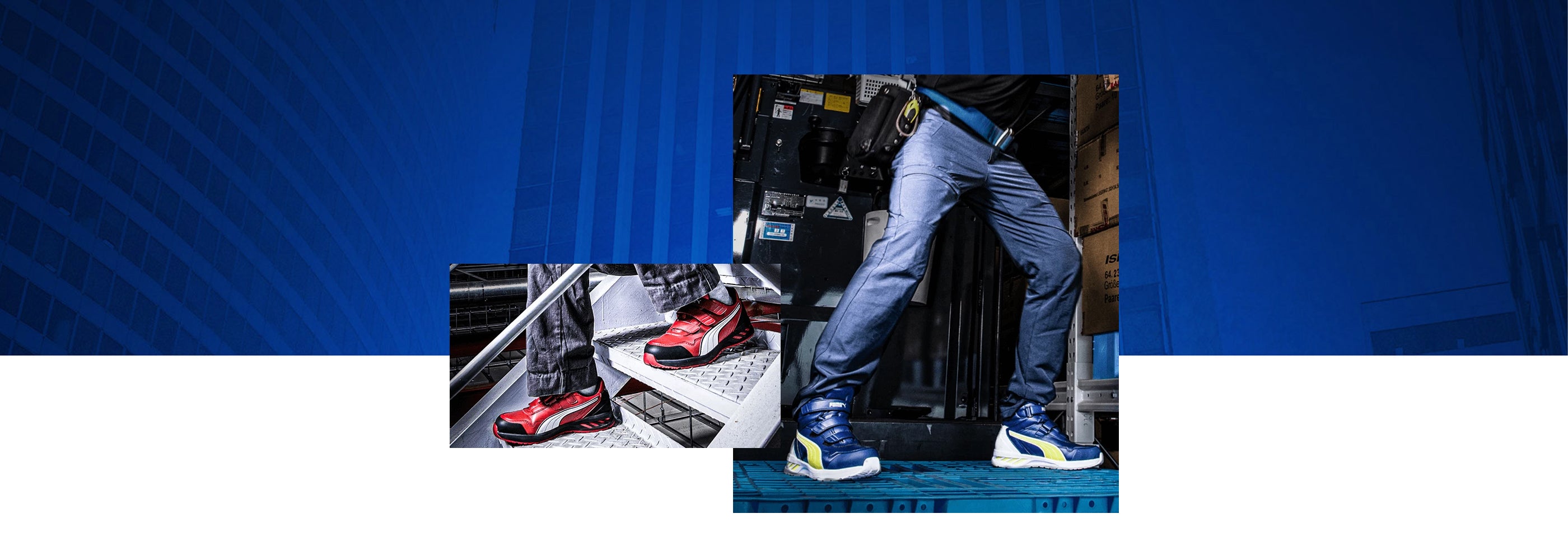 Zwei Puma Sicherheitsschuhe im Einsatz: links ein roter Schuh mit weißem Puma-Logo auf einer Metalltreppe, rechts ein blauer Schuh mit gelben Akzenten auf einer Werkstattplattform. Beide werden von Personen bei der Arbeit getragen.