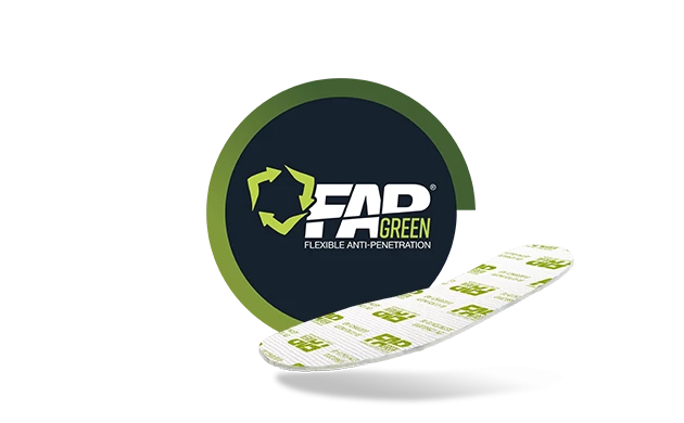 FAP Green Logo mit grünem Recycling-Symbol und abgebildeter durchtrittsicheren Einlegesohle auf transparentem Hintergrund.