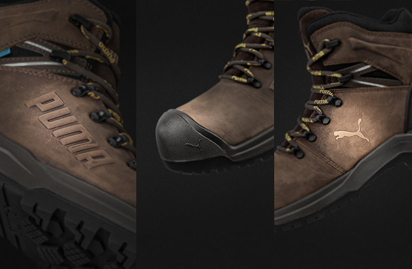 Detailansichten des braunen PUMA SAFETY IRON HD MID Sicherheitsschuh S3S mit schwarzer Kappe, gelb-schwarzen Schnürsenkeln und geprägtem PUMA-Logo.